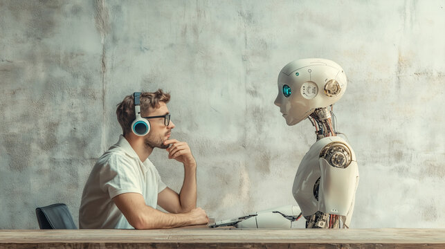 Man with Headphones Sitting at Table Across from Humanoid Robot in Minimalist Setting