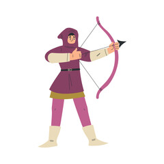 Medieval Man Archer Character with Bow and Arrow in Standing Pose Vector Illustration