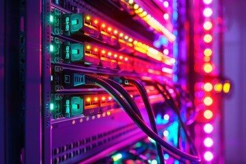 Fototapeta premium Close up of a network server with colorful lights and cables in neon colors