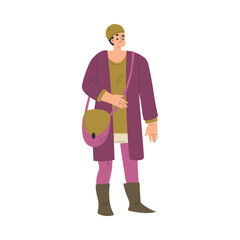 Medieval Man Character with Bag in Standing Pose Vector Illustration