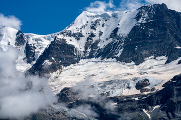 Glacier mountain view of the Swiss Alps as seen from Gimmelwald in the Jungfrau region and Berner Oberland