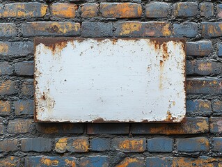 Naklejka premium Rustic Blank Metal Sign on Weathered Brick Wall with Peeling Paint and Rust for Urban Industrial Background or Advertisement Space