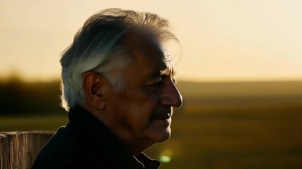 A senior man with silver hair and kind eyes leans casually against a weathered wooden fence his gaze filled with nostalgia and fond memories of the countryside.