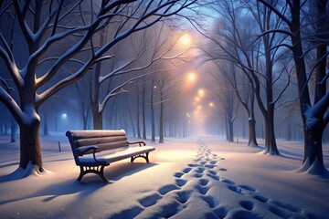 Serene winter night stroll through a snow-covered park with soft lantern light