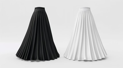 Blank black and white womens maxi skirt mockup front view 3D rendering Empty classic pleated summer gown mockup isolated Clear chiffon or fabric midi tulip skirts template