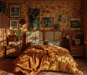 Cozy modern bedroom with floral wallpaper and warm lighting at dusk