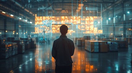 Silhouette of a logistics manager overseeing automated technology in a warehouse, dusk lighting, high angle, photo realistic