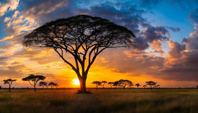 Panorama silhouette tree in africa with sunset.Tree silhouetted against a setting sun reflection on water.Typical african sunset with acacia trees in Masai Mara, Kenya.