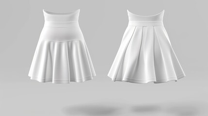 Blank white womens mini skirt mockup front and back view 3D rendering Empty elegant short dress or gown for girls outfits mockup isolated Clear casual fabric Aline clothing