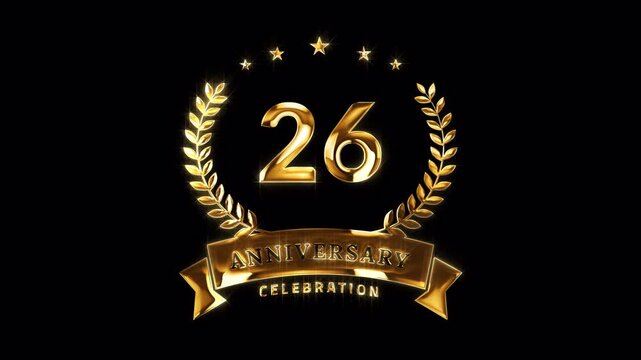 26th Anniversary Celebration. Happy 26 Years Anniversary Animation in Gold Color on the Transparent Background, Alpha Channel. Great for greetings, celebrations, events, and gifts.