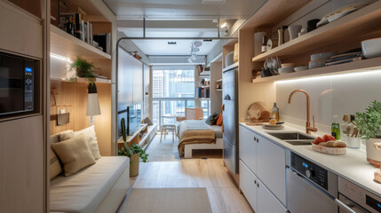 An open plan apartment with living area and small kitchen, small cozy modern apartment interior design