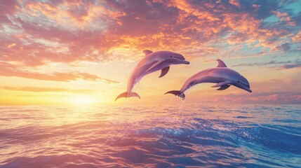 Silhouetted dolphins leap in golden sunset, a vibrant dance of freedom above a boundless ocean