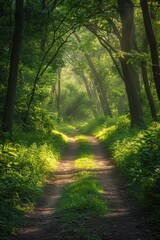 Obraz premium Sunlit Forest Path with Lush Greenery and Tall Trees in a Serene Woodland Setting
