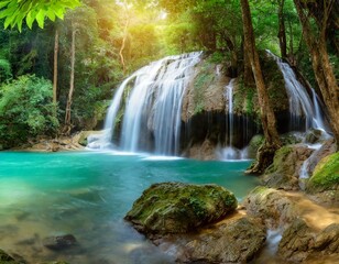 Panoramic beautiful deep forest waterfall in Thailand