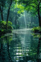 Fototapeta premium Serene Forest Stream with Sunlight Filtering Through Lush Green Trees and Reflecting on Calm Water