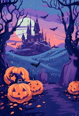 Fototapeta premium A spooky Halloween scene featuring jack-o’-lanterns, a witch’s hat, a haunted castle, graves, and bats under a full moon. The eerie atmosphere is perfect for a Halloween night