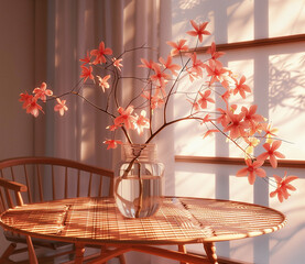 Modern interior with floral arrangement on table in soft afternoon light