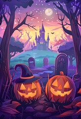 A spooky Halloween scene featuring jack-o’-lanterns, a witch’s hat, a haunted castle, graves, and bats under a full moon. The eerie atmosphere is perfect for a Halloween night