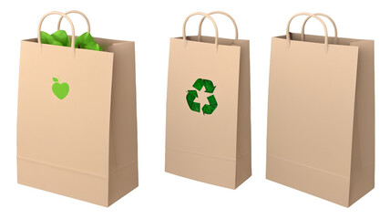 Set of eco friendly paper bags in different colours isolated on transparent background