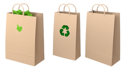 Set of eco friendly paper bags in different colours isolated on transparent background