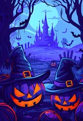 A spooky Halloween scene featuring jack-o’-lanterns, a witch’s hat, a haunted castle, graves, and bats under a full moon. The eerie atmosphere is perfect for a Halloween night