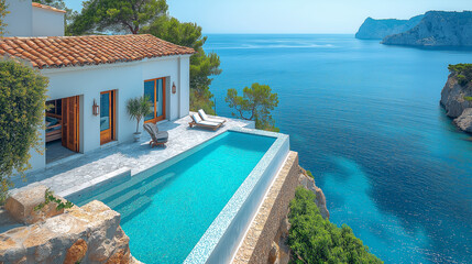 Fototapeta premium A telephoto angle photo of a Greek-style house with a private infinity pool that seems to blend into the sea, with copy space