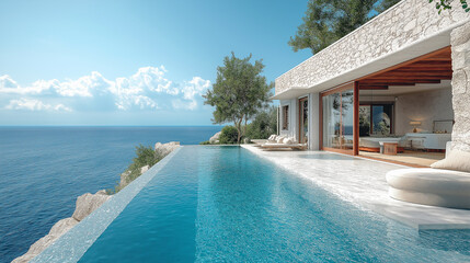 Fototapeta premium A telephoto angle photo of a Greek-style house with a private infinity pool that seems to blend into the sea, with copy space