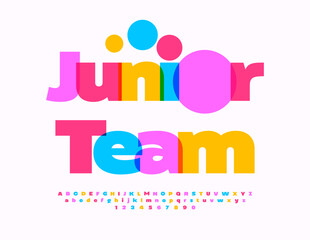 Vector colorful emblem Junior Team. Creative Team. Bright Font. Trendy Alphabet Letters and Numbers set