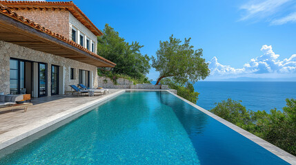 Fototapeta premium A telephoto angle photo of a Greek-style house with a private infinity pool that seems to blend into the sea, with copy space