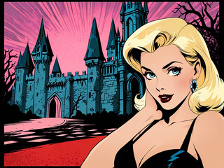 Retro Poster in 1950's Comic Style of a Beautiful Blonde Outside of an Old Castle