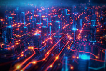 Futuristic digital cityscape glowing blue and red data network