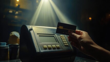 Obraz premium Hand Holding Black Credit Card at Modern Cash Register in Dark Room