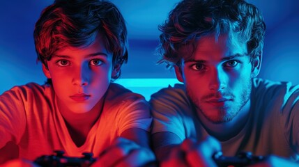 Obraz premium A father and his teenage son playing video games together, both engrossed in the action.
