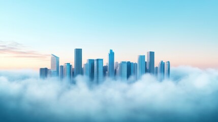 A panoramic view of a city skyline enveloped in mist, with the distant buildings appearing hazy and indistinct, adding a sense of depth and mystery.