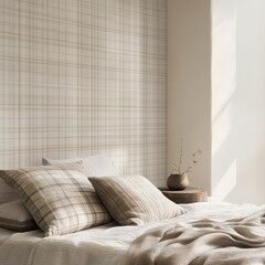 A bed with a white wall and a plaid wallpaper