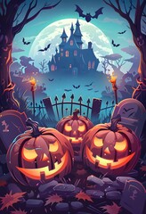 Fototapeta premium A spooky Halloween scene featuring jack-o’-lanterns, a witch’s hat, a haunted castle, graves, and bats under a full moon. The eerie atmosphere is perfect for a Halloween night