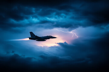 Fototapeta premium Combat aircraft flying through a thunderstorm, with lightning illuminating its silhouette