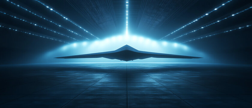 Advanced stealth bomber flying at high altitude, with a sleek and angular silhouette