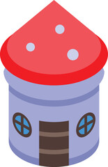 Small fantasy house with a red mushroom roof, round windows and a wooden door, perfect for games or kids projects