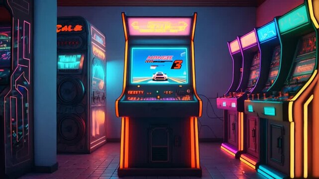 Classic 80s arcade games with neon lights and vintage gaming machines
