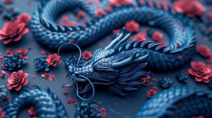 Obraz premium Blue Chinese dragon with intricate scales, surrounded by red and blue elements, Mythology, 3D Render