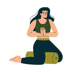 Meditation with Woman Character Sitting on Roll Vector Illustration