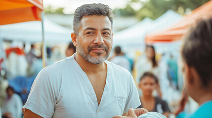 Confident Mature Man Conversing at Outdoor Market Event