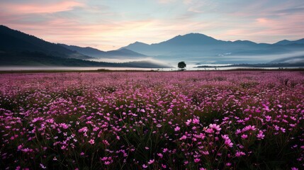 Obraz premium Field of pink flowers at dawn with misty mountains in the distance, bathed in warm light, Romantic, Photography