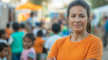 Confident Female Volunteer Smiling at Community Outdoor Event