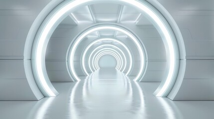 Obraz premium Futuristic white tunnel with neon lights, creating an abstract and modern space for technological showcases