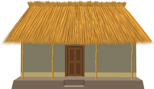 thatched roof house, brown door, bamboo poles clip art preview