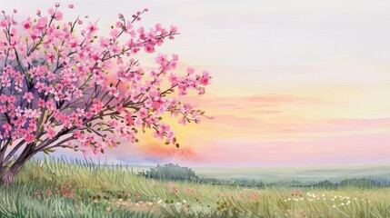 Vibrant pink blossoms in a serene meadow under a pastel sunset, evoking a sense of peace and beauty, Romantic, Watercolor