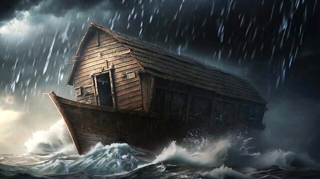 Noah's Ark battling through a stormy sea with heavy rain and dark clouds