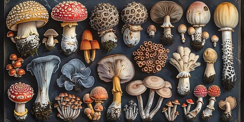 A vibrant and detailed illustration of a diverse collection of dried mushrooms.